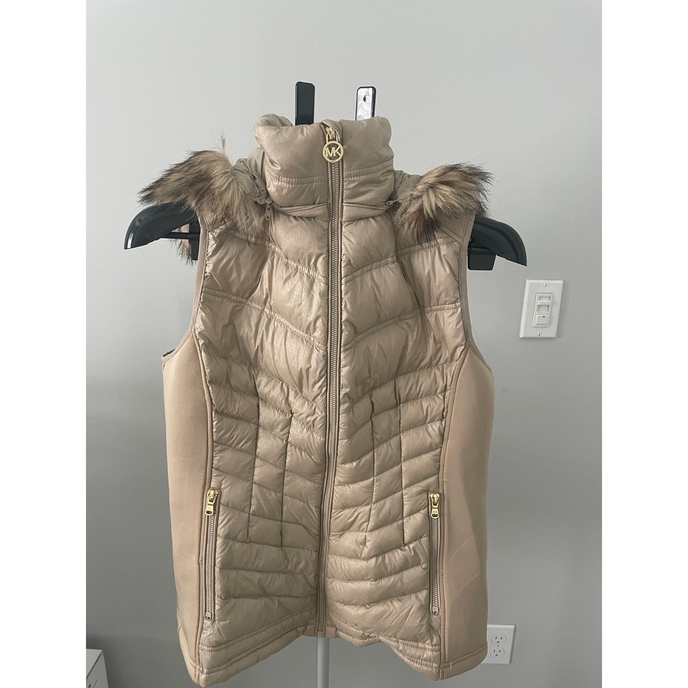 Michael Kors  Champagne Down Puffer Vest Detachable Faux Fur Hood Gold Zip L